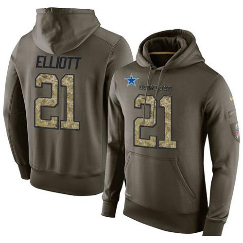 NFL Men's Nike Dallas Cowboys #21 Ezekiel Elliott Stitched Green Olive Salute To Service KO Performance Hoodie - Click Image to Close